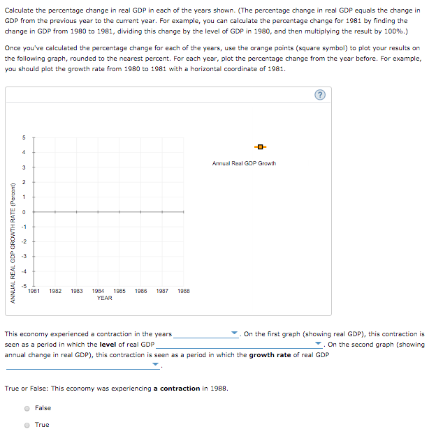 Calculate the percentage change in real GDP in each of the years shown. (The percentage change in real GDP equals the change in
GDP from the previous year to the current year. For example, you can calculate the percentage change for 1981 by finding the
change in GDP from 1980 to 1981, dividing this change by the level of GDP in 1980, and then multiplying the result by 100%.)
Once you've calculated the percentage change for each of the years, use the orange points (square symbol) to plot your results on
the following graph, rounded to the nearest percent. For each year, plot the percentage change from the year before. For example,
you should plot the growth rate from 1980 to 1981 with a horizontal coordinate of 1981.
ANNUAL REAL GDP GROWTH RATE (Percent)
5
4
3
2
-1
-4
-5
1981 1982 1983 1984 1985 1986 1987
YEAR
1988
● False
Annual Real GDP Growth
This economy experienced a contraction in the years
seen as a period in which the level of real GDP
annual change in real GDP), this contraction is seen as a period in which the growth rate of real GDP
True or False: This economy was experiencing a contraction in 1988.
True
On the first graph (showing real GDP), this contraction is
. On the second graph (showing