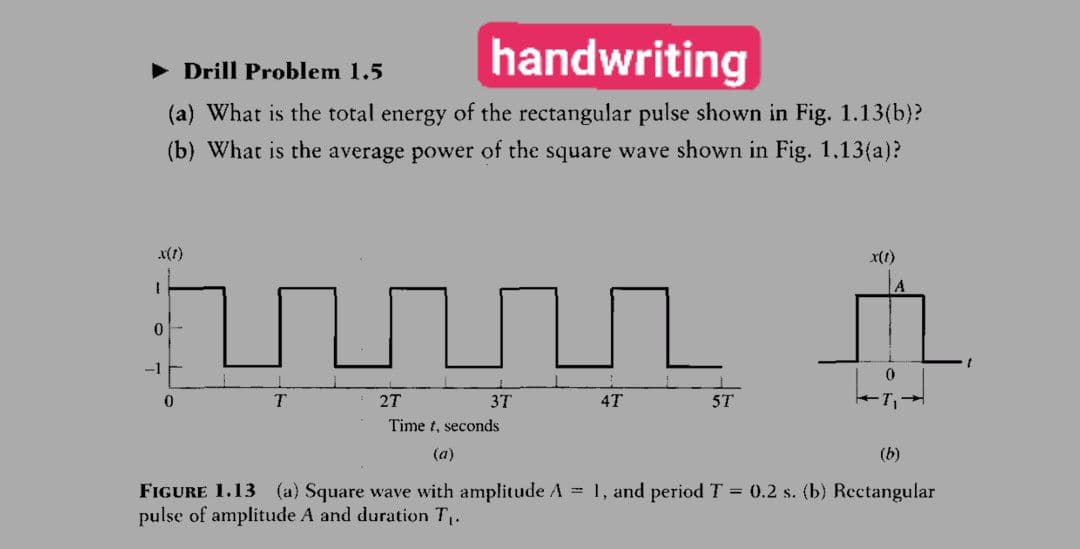 handwriting
• Drill Problem 1.5
(a) What is the total energy of the rectangular pulse shown in Fig. 1.13(b)?
(b) What is the average power of the square wave shown in Fig. 1.13(a)?
x(t)
x(1)
27
3T
4T
5T
Time t, seconds
(a)
(b)
FIGURE 1.13 (a) Square wave with amplitude A = 1, and period T = 0.2 s. (b) Rectangular
pulse of amplitude A and duration T.
