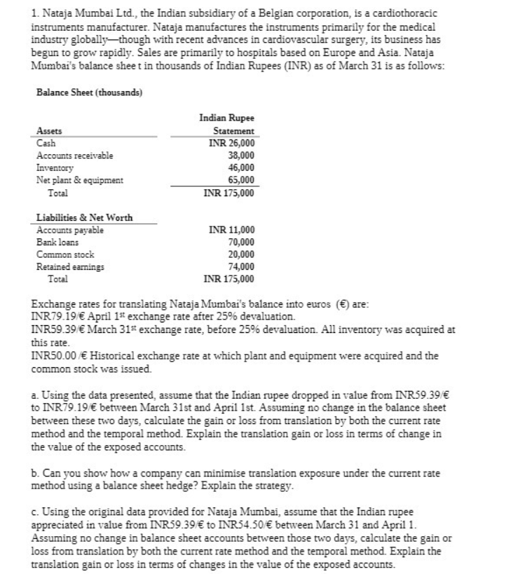 1. Nataja Mumbai Ltd., the Indian subsidiary of a Belgian corporation, is a cardiothoracic
instruments manufacturer. Nataja manufactures the instruments primarily for the medical
industry globally-though with recent advances in cardiovascular surgery, its business has
begun to grow rapidly. Sales are primarily to hospitals based on Europe and Asia. Nataja
Mumbai's balance shee t in thousands of Indian Rupees (INR) as of March 31 is as follows:
Balance Sheet (thousands)
Indian Rupee
Assets
Cash
Statement
INR 26,000
38,000
46,000
65,000
INR 175,000
Accounts receivable
Inventory
Net plant & equipment
Total
Liabilities & Net Worth
Accounts payable
INR 11,000
70,000
20,000
74,000
INR 175,000
Bank loans
Common stock
Retained earnings
Total
Exchange rates for translating Nataja Mumbai's balance into euros (€) are:
INR79.19€ April 1s exchange rate after 25% devaluation.
INR59.39 € March 31 exchange rate, before 25% devaluation. All inventory was acquired at
this rate.
INR50.00 € Historical exchange rate at which plant and equipment were acquired and the
common stock was issued.
a. Using the data presented, assume that the Indian rupee dropped in value from INR59.39/€
to INR79.19€ between March 31st and April 1st. Assuming no change in the balance sheet
between these two days, calculate the gain or loss from translation by both the current rate
method and the temporal method. Explain the translation gain or loss in terms of change in
the value of the exposed accounts.
b. Can you show how a company can minimise translation exposure under the current rate
method using a balance sheet hedge? Explain the strategy.
c. Using the original data provided for Nataja Mumbai, assume that the Indian rupee
appreciated in value from INR59.39 € to INR54.50€ between March 31 and April 1.
Assuming no change in balance sheet accounts between those two days, calculate the gain or
loss from translation by both the current rate method and the temporal method. Explain the
translation gain or loss in terms of changes in the value of the exposed accounts.
