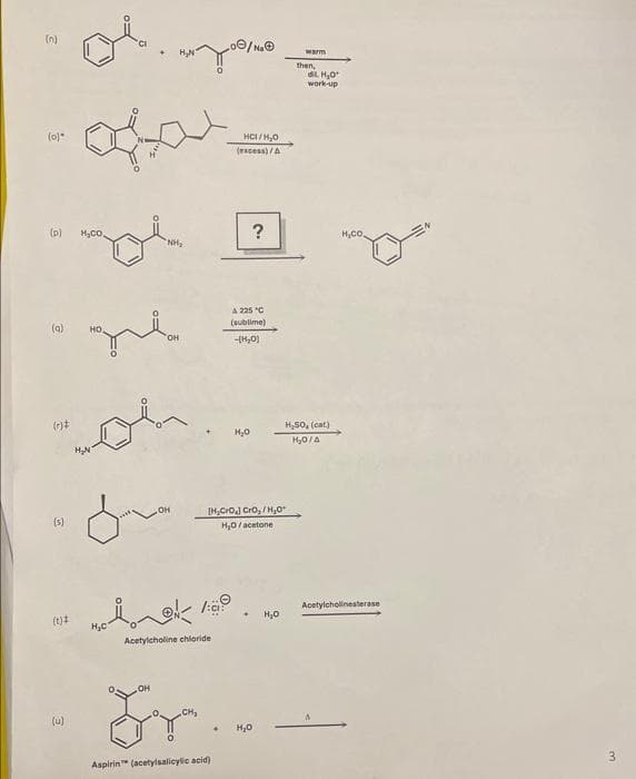 (n)
(0)"
(p)
(0)
(s)
(t)#
(u)
ol
M00,
НО.
"gre
OH
"NH₂
OH
H₂N
OH
oⒸ/NaⒸ
HCI/H₂O
(excess)/A
Aspirin (acetylsalicylic acid)
1₂ li
Acetylcholine chloride
?
A 225 °C
(sublime)
-[H₂0]
[H₂Cro] CrO₂/H,0
H₂O/acetone
H₂O
H₂O
warm
then,
dil H₂0¹
work-up
H₂SO, (cat.)
H₂0/A
Hạo,
Acetylcholinesterase
3