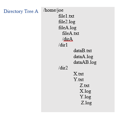 Directory Tree A /home/joe
file1.txt
file2.log
fileA.log
fileA.txt
/dirA
/dir1
/dir2
dataB.txt
dataA.log
dataAB.log
X.txt
Y.txt
Z.txt
X.log
Y.log
Z.log