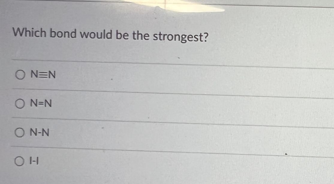 Which bond would be the strongest?
ON=N
ON=N
ON-N
OH