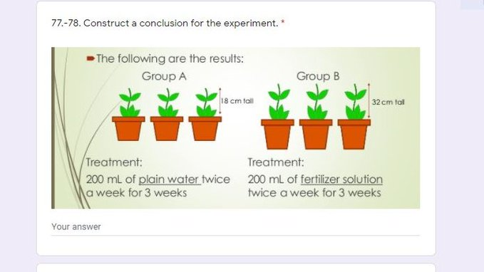 77.-78. Construct a conclusion for the experiment. *
The following are the results:
Group A
Group B
18 cm tal
32 cm tal
Treatment:
200 mL of plain water twice 200 mL of fertilizer solution
a week for 3 weeks
Treatment:
twice a week for 3 weeks
Your answer
