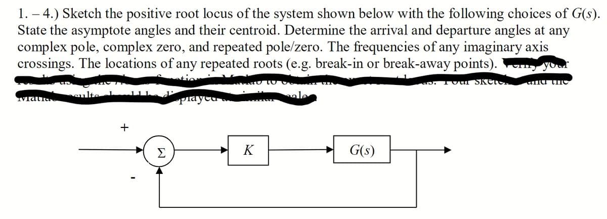 1. – 4.) Sketch the positive root locus of the system shown below with the following choices of G(s).
State the asymptote angles and their centroid. Determine the arrival and departure angles at any
complex pole, complex zero, and repeated pole/zero. The frequencies of any imaginary axis
crossings. The locations of any repeated roots (e.g. break-in or break-away points). ny your
1oui SKeto
and thO
Prayeu
Σ
K
G(s)
