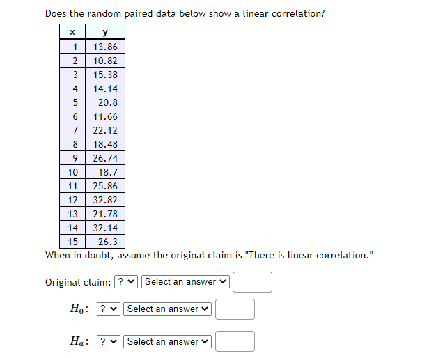 Does the random paired data below show a linear correlation?
y
13.86
2
10.82
3
15.38
4
14.14
5
20.8
6
11.66
7
22.12
8
18.48
9
26.74
10
18.7
11
25.86
12
32.82
13
21.78
14
32.14
15
26.3
When in doubt, assume the original claim is "There is linear correlation."
Original claim: ? vSelect an answer
Ho:
Select an answer v
Ha: ? v| Select an answer v
