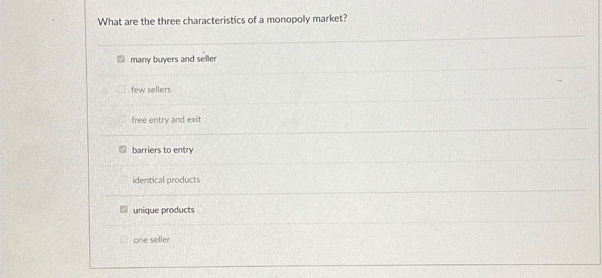 What are the three characteristics of a monopoly market?
many buyers and seller
few sellers
free entry and exit
barriers to entry
identical products
unique products
one seller