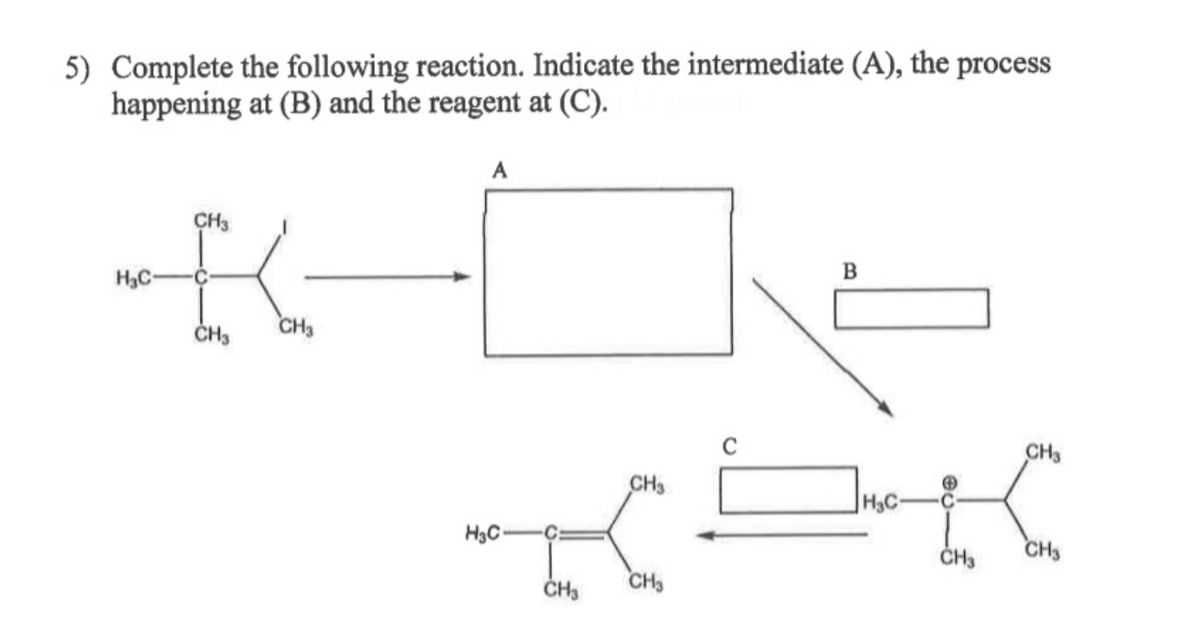 5) Complete the following reaction. Indicate the intermediate (A), the process
happening at (B) and the reagent at (C).
H₂C-
CH3
C
CH3
CH3
A
H3C-
C
CH3
CH3
CH3
B
-
H₂C-
CH3
CH3
CH3