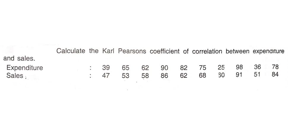 Calculate the Karl Pearsons coefficient of correlation between expenditure
and sales.
98
36
78
Expenditure
Sales ,
39
65
62
90
82
75
25
47
53
58
86
62
68
60
91
51
84
.. ..
