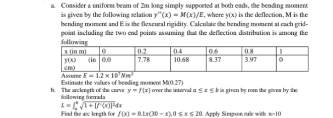 a. Consider a uniform beam of 2m long simply supported at both ends, the bending moment
is given by the following relation y"(x) = M(x)/E, where y(x) is the deflection, M is the
bending moment and E is the flexeural rigidity. Calculate the bending moment at each grid-
point including the two end points assuming that the deflection distribution is among the
following
x (in m)
y(x)
| cm)
Assume E = 1.2 × 10°NM²
Estimate the values of bending moment M(0.27)
b. The arclength of the curve y = f(x) over the interval a S x S bis given by rom the given by the
following formula
L = I+[S'(x)]*dx
Find the are length for f(x) = 0.1x(30 – x), 0 <x< 20. Apply Simpson rule with n=10
| 0.2
7.78
0.4
| 10.68
0.6
| 8.37
0.8
3.97
(in 0.0
