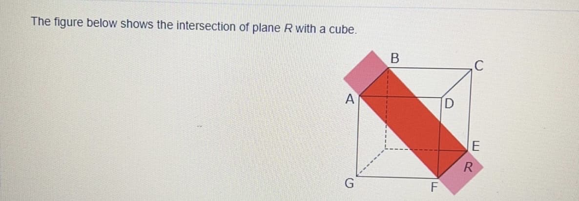 The figure below shows the intersection of plane R with a cube.
A
G
B
F
E
R