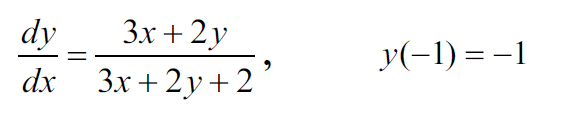 dy
Зх + 2у
y(-1) = –1
dх Зх + 2у+ 2
