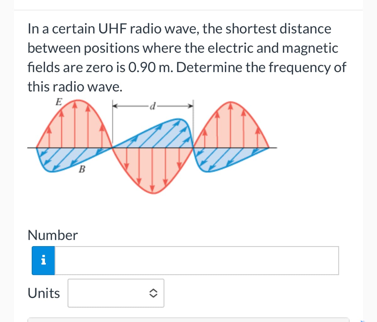 In a certain UHF radio wave, the shortest distance
between positions where the electric and magnetic
fields are zero is 0.90 m. Determine the frequency of
this radio wave.
E
B
Number
i
Units