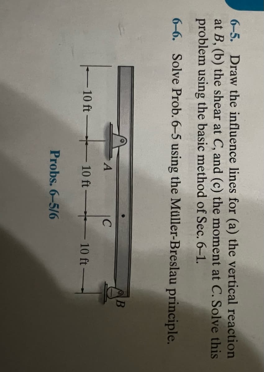 6-5. Draw the influence lines for (a) the vertical reaction
at B, (b) the shear at C, and (c) the moment at C. Solve this
problem using the basic method of Sec. 6-1.
6-6. Solve Prob. 6-5 using the Müller-Breslau principle.
10 ft-
A
10 ft-
IC
+
Probs. 6-5/6
10 ft-
B