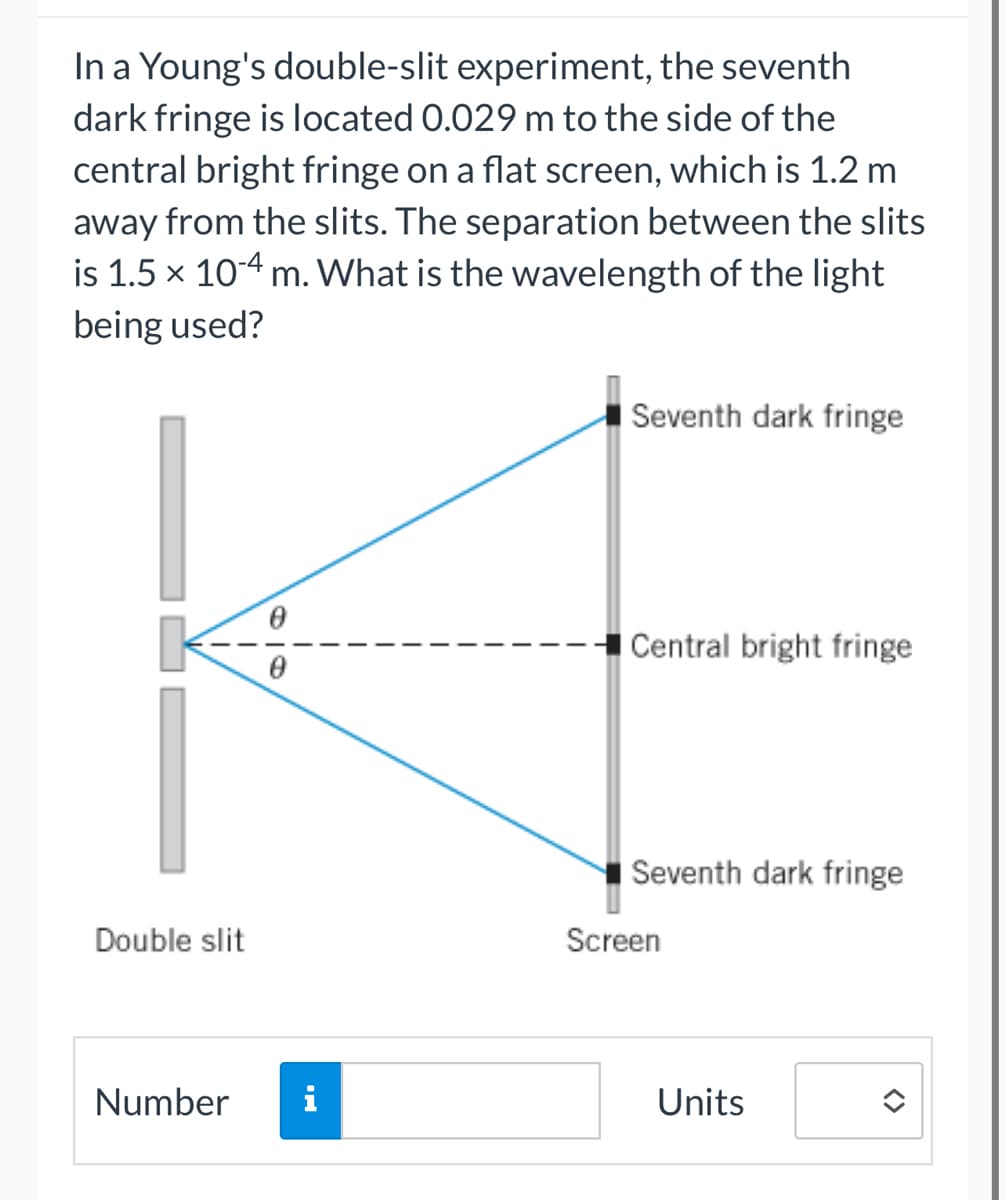 In a Young's double-slit experiment, the seventh
dark fringe is located 0.029 m to the side of the
central bright fringe on a flat screen, which is 1.2 m
away from the slits. The separation between the slits
is 1.5 x 10-4 m. What is the wavelength of the light
being used?
Double slit
0
Number i
Seventh dark fringe
Central bright fringe
Seventh dark fringe
Screen
Units