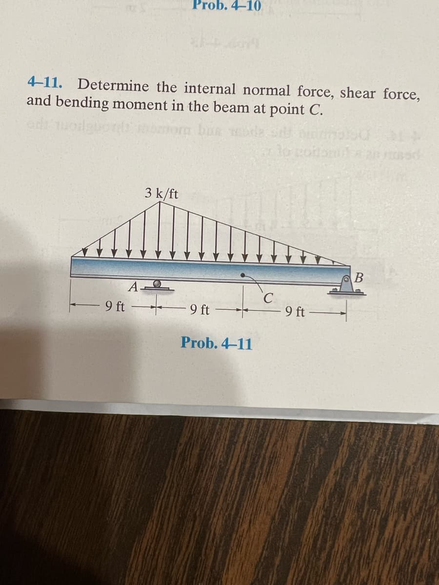 4-11. Determine the internal normal force, shear force,
and bending moment in the beam at point C.
9 ft
Prob. 4-10
3 k/ft
9 ft
Ic
Prob. 4-11
1
9 ft
B