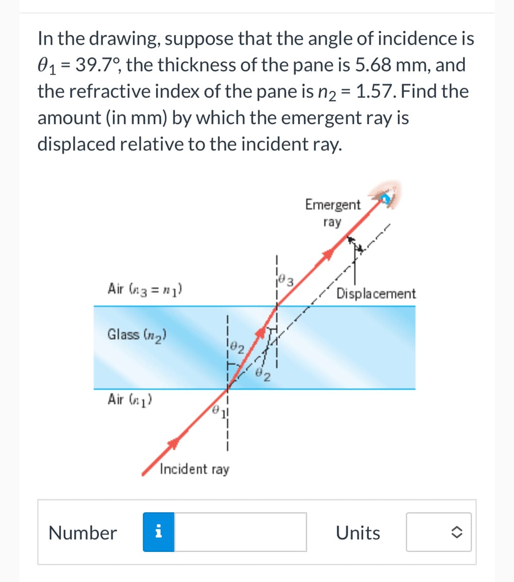 In the drawing, suppose that the angle of incidence is
0₁ = 39.7°, the thickness of the pane is 5.68 mm, and
the refractive index of the pane is n₂ = 1.57. Find the
amount (in mm) by which the emergent ray is
displaced relative to the incident ray.
Air (n3 = n1)
Glass (₂)
Air (1)
Number
Incident ray
i
Emergent
ray
Displacement
Units