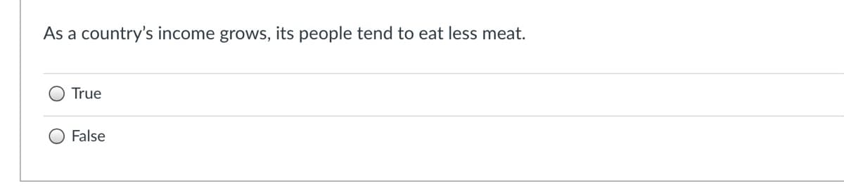 As a country's income grows, its people tend to eat less meat.
True
False
