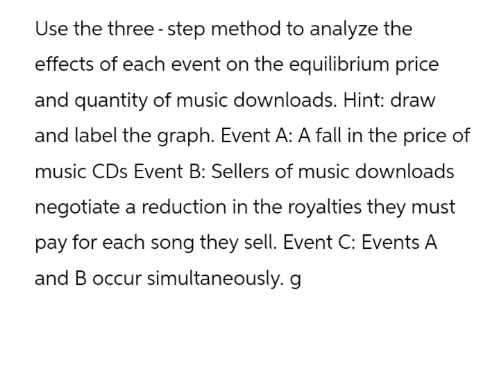 Use the three-step method to analyze the
effects of each event on the equilibrium price
and quantity of music downloads. Hint: draw
and label the graph. Event A: A fall in the price of
music CDs Event B: Sellers of music downloads
negotiate a reduction in the royalties they must
pay for each song they sell. Event C: Events A
and B occur simultaneously. g