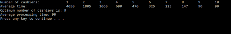 Number of cashiers:
Average time:
Optimum number of cashiers is: 9
Average processing time: 90
Press any key to continue..
1
2
3
4
5
6
7
9
10
4050
1805
1060
690
470
325
223
147
90
90
