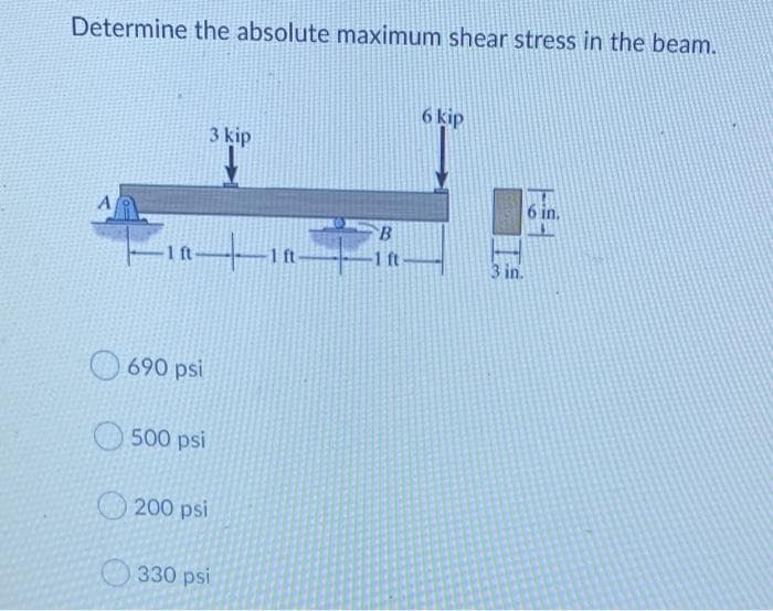 Determine the absolute maximum shear stress in the beam.
6 kip
3 kip
-1 ft-
1 ft-
-1 ft
3 in.
690 psi
500 psi
200 psi
330 psi
