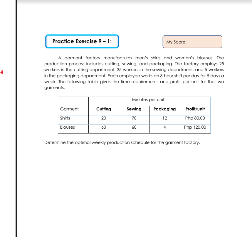 Practice Exercise 9 – 1:
My Score:
A garment factory manufactures men's shirts and women's blouses. The
production process includes cutting, sewing, and packaging. The factory employs 25
workers in the cutting department, 35 workers in the sewing department, and 5 workers
in the packaging department. Each employee works an 8-hour shift per day for 5 days a
week. The following table gives the time requirements and profit per unit for the two
garments:
Minutes per unit
Garment
Cutting
Sewing
Packaging
Profit/unit
Shirts
20
70
12
Php 80.00
Blouses
60
60
Php 120.00
4
Determine the optimal weekly production schedule for the garment factory.
