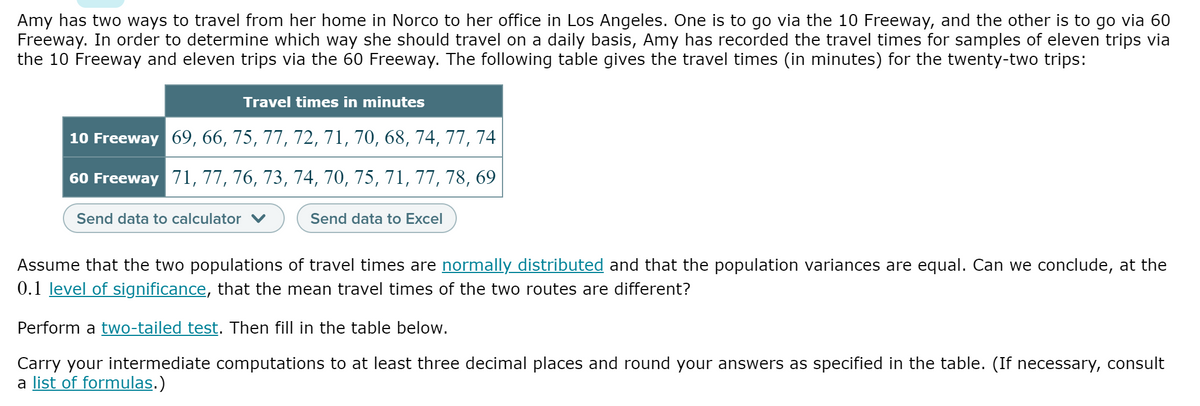 Amy has two ways to travel from her home in Norco to her office in Los Angeles. One is to go via the 10 Freeway, and the other is to go via 60
Freeway. In order to determine which way she should travel on a daily basis, Amy has recorded the travel times for samples of eleven trips via
the 10 Freeway and eleven trips via the 60 Freeway. The following table gives the travel times (in minutes) for the twenty-two trips:
Travel times in minutes
10 Freeway 69, 66, 75, 77, 72, 71, 70, 68, 74, 77, 74
60 Freeway 71,77, 76, 73, 74, 70, 75, 71, 77, 78, 69
Send data to calculator v
Send data to Excel
Assume that the two populations of travel times are normally distributed and that the population variances are equal. Can we conclude, at the
0.1 level of significance, that the mean travel times of the two routes are different?
Perform a two-tailed test. Then fill in the table below.
Carry your intermediate computations to at least three decimal places and round your answers as specified in the table. (If necessary, consult
a list of formulas.)
