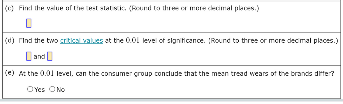 (c) Find the value of the test statistic. (Round to three or more decimal places.)
(d) Find the two critical values at the 0.01 level of significance. (Round to three or more decimal places.)
and |
(e) At the 0.01 level, can the consumer group conclude that the mean tread wears of the brands differ?
O Yes ONo
