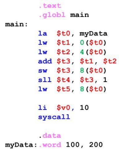 . text
.globl main
main:
$t0, myData
$t1, 0 ($t0)
$t2, 4 ($t0)
add $t3, $t1, $t2
$t3, 8 ($t0)
sll $t4, $t3, 1
$t5, 8 ($t0)
la
lw
lw
Sw
lw
li
$v0, 10
syscall
.data
myData:.word 100, 200
