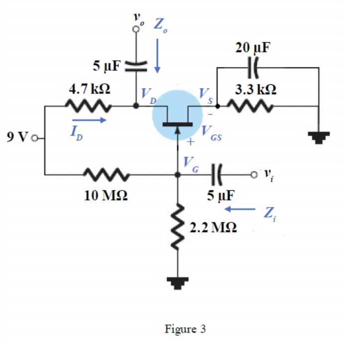 Z,
20 µF
5 µF
4.7 k2
3.3 k2
V.
D
9 Vo
I,
GS
+
V
G
10 M2
5 µF
Z,
2.2 M2
Figure 3
