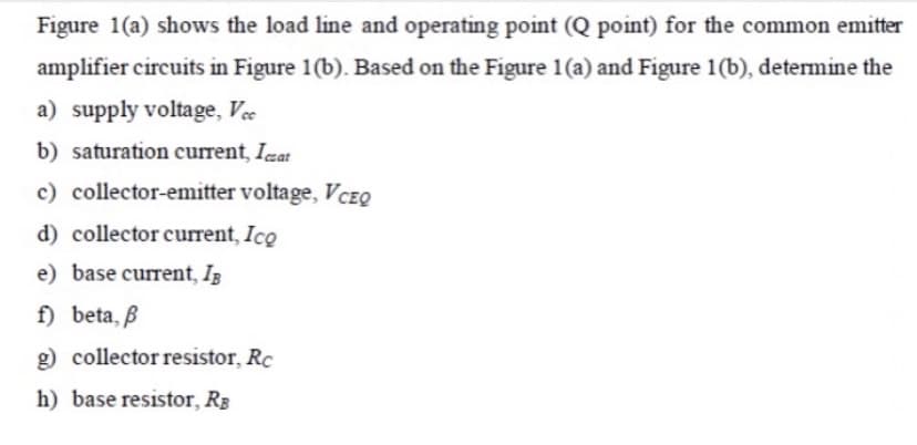 Figure 1(a) shows the load line and operating point (Q point) for the common emitter
amplifier circuits in Figure 1(b). Based on the Figure 1(a) and Figure 1(b), determine the
a) supply voltage, Vec
b) saturation current, Ieat
c) collector-emitter voltage, VCEQ
d) collector current, Ico
e) base current, IB
f) beta, B
g) collector resistor, Rc
h) base resistor, Rg
