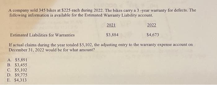 A company sold 345 bikes at $225 each during 2022. The bikes carry a 3 -year warranty for defects. The
following information is available for the Estimated Warranty Liability account.
2021
2022
Estimated Liabilities for Warranties
$3,884
If actual claims during the year totaled $5,102, the adjusting entry to the warranty expense account on
December 31, 2022 would be for what amount?
A. $5,891
B. $3,455
C. $5,102
D. $9,775
E. $4,313
$4,673