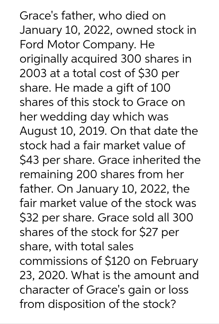 Grace's father, who died on
January 10, 2022, owned stock in
Ford Motor Company. He
originally acquired 300 shares in
2003 at a total cost of $30 per
share. He made a gift of 100
shares of this stock to Grace on
her wedding day which was
August 10, 2019. On that date the
stock had a fair market value of
$43 per share. Grace inherited the
remaining 200 shares from her
father. On January 10, 2022, the
fair market value of the stock was
$32 per share. Grace sold all 300
shares of the stock for $27 per
share, with total sales
commissions of $120 on February
23, 2020. What is the amount and
character of Grace's gain or loss
from disposition of the stock?