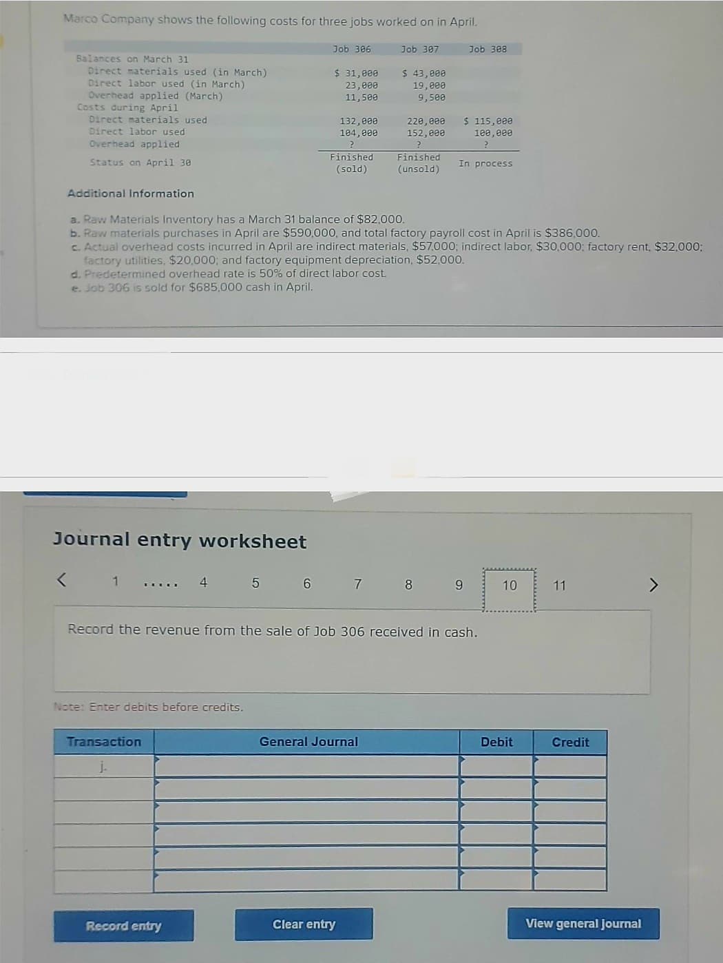 Marco Company shows the following costs for three jobs worked on in April.
Balances on March 31
Direct materials used (in March)
Direct labor used (in March)
Overhead applied (March)
Costs during April
Direct materials used
Direct labor used
Overhead applied
Status on April 30
Additional Information
Journal entry worksheet
1
*****
Transaction
4
Note: Enter debits before credits.
Record entry
5
Job 386
6
$ 31,000
23,000
11,500
a. Raw Materials Inventory has a March 31 balance of $82,000.
b. Raw materials purchases in April are $590,000, and total factory payroll cost in April is $386,000.
c. Actual overhead costs incurred in April are indirect materials, $57,000; indirect labor, $30,000; factory rent, $32,000;
factory utilities, $20,000; and factory equipment depreciation, $52,000.
d. Predetermined overhead rate is 50% of direct labor cost.
e. Job 306 is sold for $685,000 cash in April.
132,000
104,000
Finished
(sold)
7
Clear entry
Job 387
General Journal
$ 43,000
19,000
9,500
220,000
152,000
?
Finished
(unsold)
Record the revenue from the sale of Job 306 received in cash.
8
Job 308
$ 115,000
100,000
?
In process
9
10
Debit
11
Credit
View general journal
>