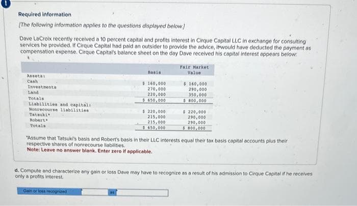 Required information
[The following information applies to the questions displayed below.]
Dave LaCroix recently received a 10 percent capital and profits interest in Cirque Capital LLC in exchange for consulting
services he provided. If Cirque Capital had paid an outsider to provide the advice, it would have deducted the payment as
compensation expense. Cirque Capital's balance sheet on the day Dave received his capital interest appears below:
Assets:
Cash
Investments
Land
Totals
Liabilities and capitali.
Nonrecourse liabilities
Tatsuki
Robert
Totals
Basis
Gain or loss recognized
$ 160,000
270,000
220,000
$ 650,000
05
$ 220,000
215,000
215,000
$ 650,000
Fair Market
Value
$ 160,000
290,000
350,000
$ 800,000
"Assume that Tatsuki's basis and Robert's basis in their LLC interests equal their tax basis capital accounts plus their
respective shares of nonrecourse liabilities.
Note: Leave no answer blank. Enter zero if applicable.
$ 220,000
290,000
290,000
$800,000
d. Compute and characterize any gain or loss Dave may have to recognize as a result of his admission to Cirque Capital if he receives
only a profits interest.