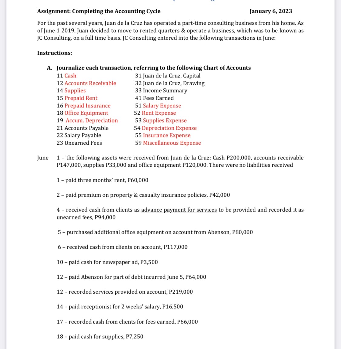 Assignment: Completing the Accounting Cycle
January 6, 2023
For the past several years, Juan de la Cruz has operated a part-time consulting business from his home. As
of June 1 2019, Juan decided to move to rented quarters & operate a business, which was to be known as
JC Consulting, on a full time basis. JC Consulting entered into the following transactions in June:
Instructions:
A. Journalize each transaction, referring to the following Chart of Accounts
11 Cash
31 Juan de la Cruz, Capital
32 Juan de la Cruz, Drawing
33 Income Summary
41 Fees Earned
51 Salary Expense
52 Rent Expense
53 Supplies Expense
54 Depreciation Expense
55 Insurance Expense
59 Miscellaneous Expense
June
12 Accounts Receivable
14 Supplies
15 Prepaid Rent
16 Prepaid Insurance
18 Office Equipment
19 Accum. Depreciation
21 Accounts Payable
22 Salary Payable
23 Unearned Fees
1 - the following assets were received from Juan de la Cruz: Cash P200,000, accounts receivable
P147,000, supplies P33,000 and office equipment P120,000. There were no liabilities received
1 - paid three months' rent, P60,000
2 - paid premium on property & casualty insurance policies, P42,000
4 - received cash from clients as advance payment for services to be provided and recorded it as
unearned fees, P94,000
5 - purchased additional office equipment on account from Abenson, P80,000
6 received cash from clients on account, P117,000
10 - paid cash for newspaper ad, P3,500
12 - paid Abenson for part of debt incurred June 5, P64,000
12- recorded services provided on account, P219,000
14 - paid receptionist for 2 weeks' salary, P16,500
17 - recorded cash from clients for fees earned, P66,000
18 - paid cash for supplies, P7,250