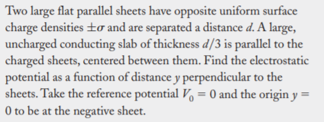 Two large flat parallel sheets have opposite uniform surface
charge densities ±o and are separated a distance d. A large,
uncharged conducting slab of thickness d/3 is parallel to the
charged sheets, centered between them. Find the electrostatic
potential as a function of distance y perpendicular to the
sheets. Take the reference potential V, = 0 and the origin y =
0 to be at the negative sheet.
