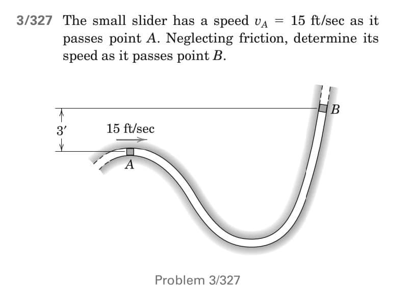 3/327 The small slider has a speed VA = 15 ft/sec as it
passes point A. Neglecting friction, determine its
speed as it passes point B.
B
↑
15 ft/sec
3'
✓
A
Problem 3/327