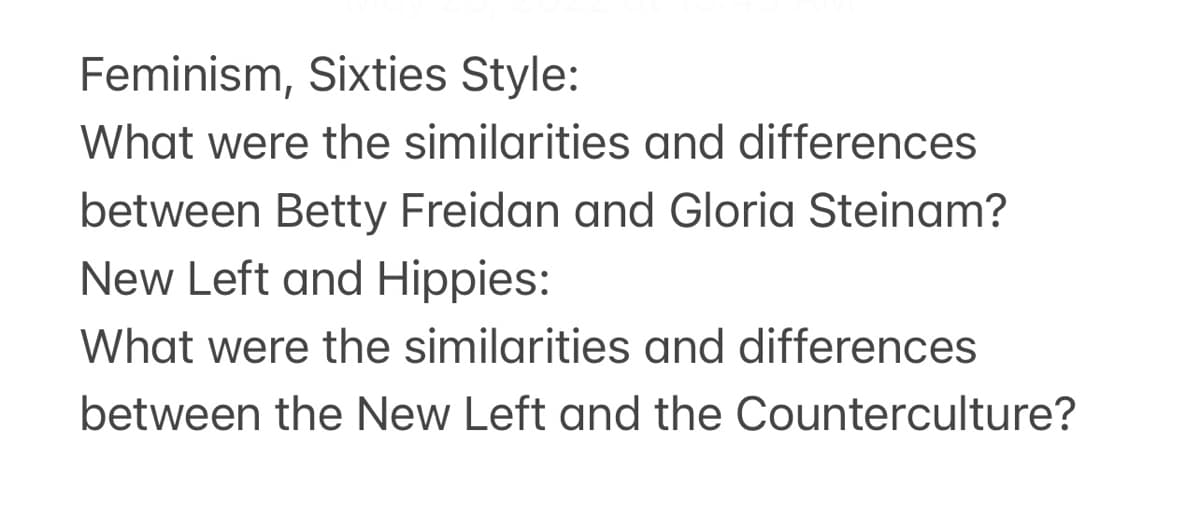 Feminism, Sixties Style:
What were the similarities and differences
between Betty Freidan and Gloria Steinam?
New Left and Hippies:
What were the similarities and differences
between the New Left and the Counterculture?