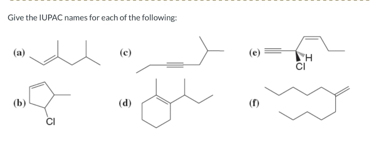 Give the IUPAC names for each of the following:
(a)
(b)
CI
(c)
(d)
(e)
"H
CI