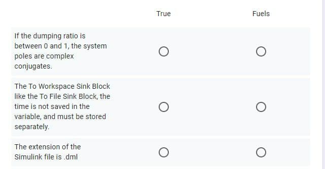 True
Fuels
If the dumping ratio is
between 0 and 1, the system
poles are complex
conjugates.
The To Workspace Sink Block
like the To File Sink Block, the
time is not saved in the
variable, and must be stored
separately.
The extension of the
Simulink file is .dml
