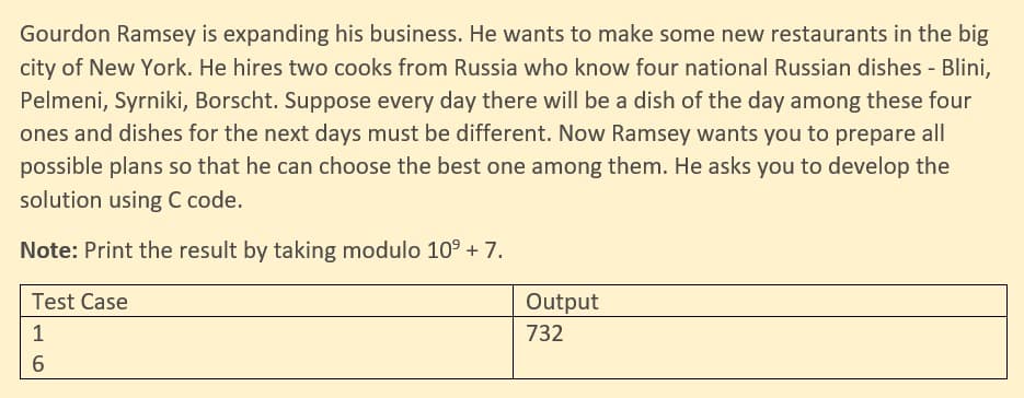 Gourdon Ramsey is expanding his business. He wants to make some new restaurants in the big
city of New York. He hires two cooks from Russia who know four national Russian dishes - Blini,
Pelmeni, Syrniki, Borscht. Suppose every day there will be a dish of the day among these four
ones and dishes for the next days must be different. Now Ramsey wants you to prepare all
possible plans so that he can choose the best one among them. He asks you to develop the
solution using C code.
Note: Print the result by taking modulo 10° + 7.
Test Case
Output
1
732
6.
