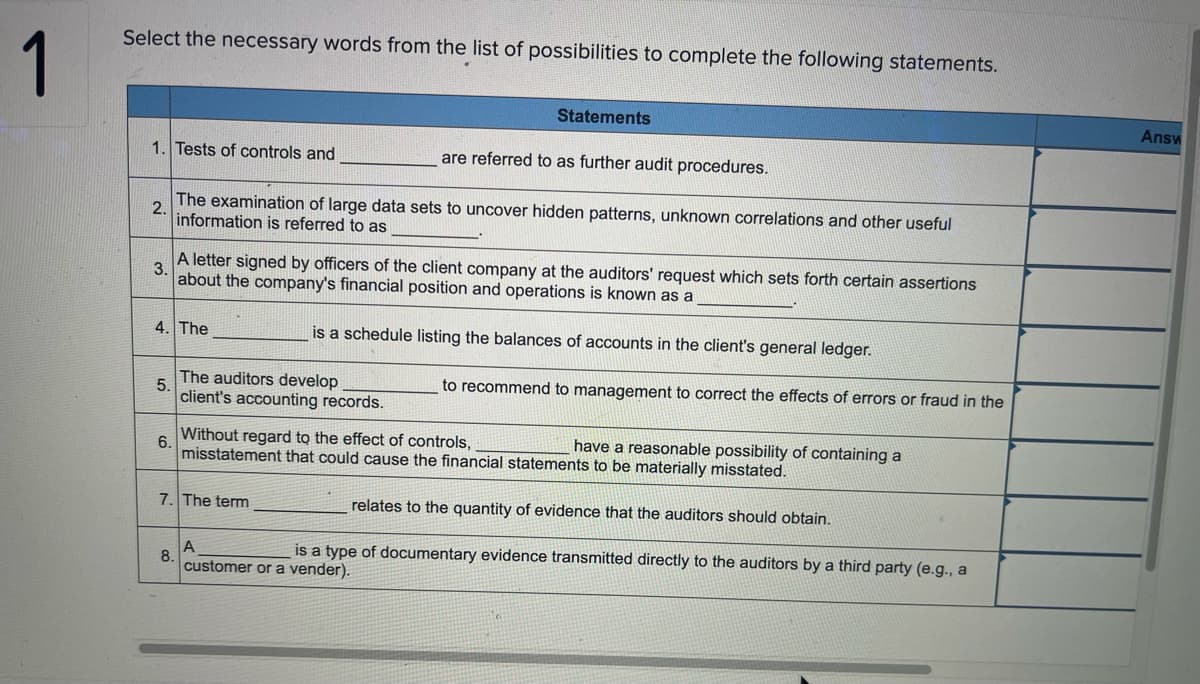 Select the necessary words from the list of possibilities to complete the following statements.
1
Statements
Answ
1. Tests of controls and
are referred to as further audit procedures.
The examination of large data sets to uncover hidden patterns, unknown correlations and other useful
2.
information is referred to as
A letter signed by officers of the client company at the auditors' request which sets forth certain assertions
3.
about the company's financial position and operations is known as a
4. The
is a schedule listing the balances of accounts in the client's general ledger.
The auditors develop
to recommend to management to correct the effects of errors or fraud in the
5.
client's accounting records.
Without regard to the effect of controls,
have a reasonable possibility of containing a
6.
misstatement that could cause the financial statements to be materially misstated.
7. The term
relates to the quantity of evidence that the auditors should obtain.
is a type of documentary evidence transmitted directly to the auditors by a third party (e.g., a
A
8.
customer or a vender).
