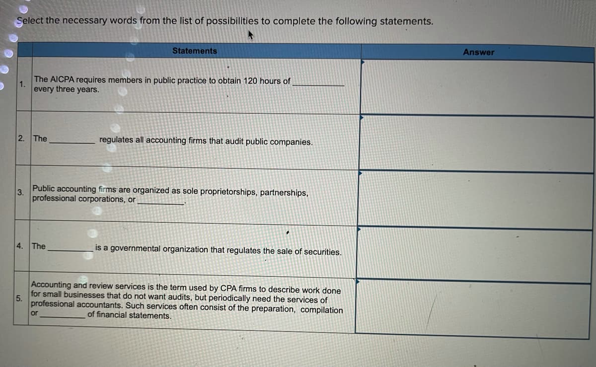 Select the necessary words from the list of possibilities to complete the following statements.
Statements
Answer
The AICPA requires members in public practice to obtain 120 hours of
1.
every three years.
2. The
regulates all accounting firms that audit public companies.
3.
Public accounting firms are organized as sole proprietorships, partnerships,
professional corporations, or
The
is a governmental organization that regulates the sale of securities.
Accounting and review services is the term used by CPA firms to describe work done
for small businesses that do not want audits, but periodically need the services of
5.
professional accountants. Such services often consist of the preparation, compilation
or
of financial statements.
4.
