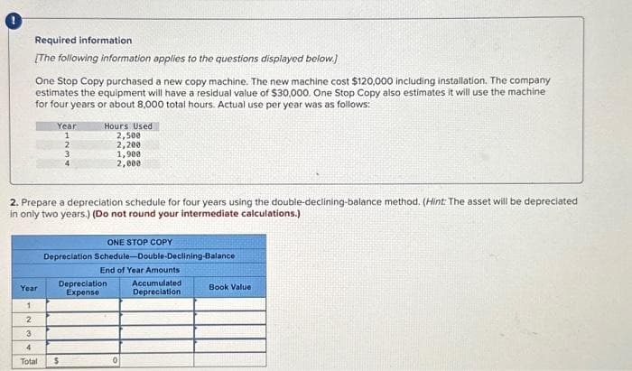 Required information
[The following information applies to the questions displayed below.)
One Stop Copy purchased a new copy machine. The new machine cost $120,000 including installation. The company
estimates the equipment will have a residual value of $30,000. One Stop Copy also estimates it will use the machine
for four years or about 8,000 total hours. Actual use per year was as follows:
Year
1
2
3
Year
1
2
3
4
Total
2. Prepare a depreciation schedule for four years using the double-declining-balance method. (Hint: The asset will be depreciated
in only two years.) (Do not round your intermediate calculations.)
Hours Used
2,500
2,200
1,900
2,000
ONE STOP COPY
Depreciation Schedule-Double-Declining-Balance
End of Year Amounts
Depreciation. Accumulated
Expense
Depreciation
$
Book Value: