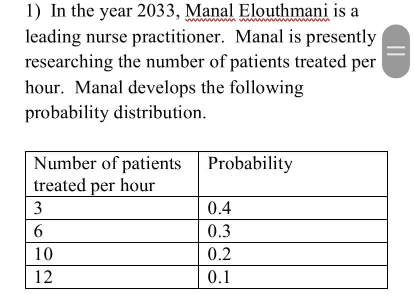 1) In the year 2033, Manal Elouthmani is a
leading nurse practitioner. Manal is presently
researching the number of patients treated per
hour. Manal develops the following
probability distribution.
Number of patients
treated per hour
3
6
10
12
Probability
0.4
0.3
0.2
0.1
=