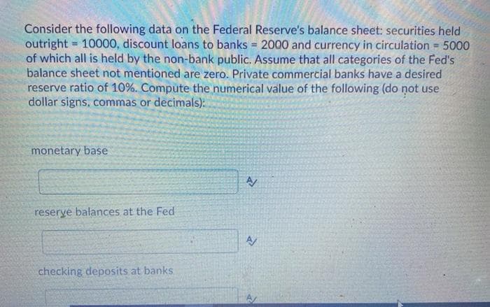 Consider the following data on the Federal Reserve's balance sheet: securities held
outright 10000, discount loans to banks = 2000 and currency in circulation = 5000
of which all is held by the non-bank public. Assume that all categories of the Fed's
balance sheet not mentioned are zero. Private commercial banks have a desired
reserve ratio of 10%. Compute the numerical value of the following (do not use
dollar signs, commas or decimals):
%3D
monetary base
reserye balances at the Fed
checking deposits at banks
