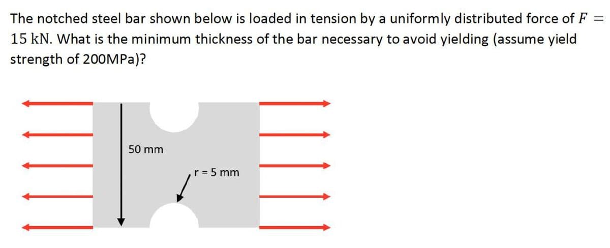 The notched steel bar shown below is loaded in tension by a uniformly distributed force of F
15 kN. What is the minimum thickness of the bar necessary to avoid yielding (assume yield
strength of 200MPA)?
50 mm
r = 5 mm
