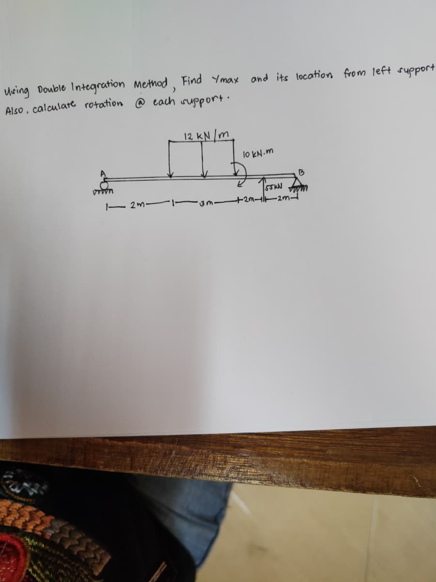 Using Double Integration Method, Find Ymax and its location from left support
Also, calculate rotation @ each support.
12 kN/m
www
www.
10 kN.m
B
www
55KN
1-2m-1-3m- +2m-111-2m-