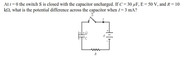 At t = 0 the switch S is closed with the capacitor uncharged. If C = 30 µF, E = 50 V, and R= 10
k2, what is the potential difference across the capacitor when I= 3 mA?
