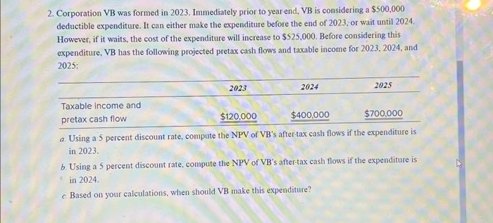 2. Corporation VB was formed in 2023. Immediately prior to year-end, VB is considering a $500,000
deductible expenditure. It can either make the expenditure before the end of 2023, or wait until 2024.
However, if it waits, the cost of the expenditure will increase to $525,000. Before considering this
expenditure, VB has the following projected pretax cash flows and taxable income for 2023, 2024, and
2025:
Taxable income and
pretax cash flow
2023
2024
2025
$120,000
$400,000
$700.000
a. Using a 5 percent discount rate, compute the NPV of VB's after-tax cash flows if the expenditure is
in 2023.
b. Using a 5 percent discount rate, compute the NPV of VB's after-tax cash flows if the expenditure is
in 2024.
e. Based on your calculations, when should VB make this expenditure?